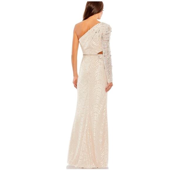 Mac Duggal Evening Gown 11306 Embellished One Sleeve Beaded White Cream 16 - Picture 3 of 9